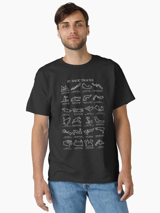 F 1 Race Tracks T-Shirt, Vintage POD Graphic Tee for Streetwear Fans
